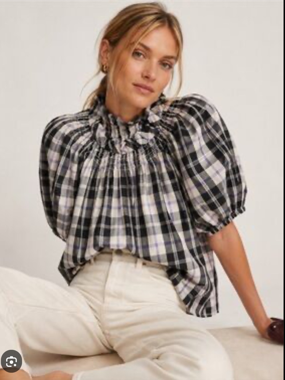 J. Crew Smocked Neck Puff-Sleeve top in Friday Plaid NWT